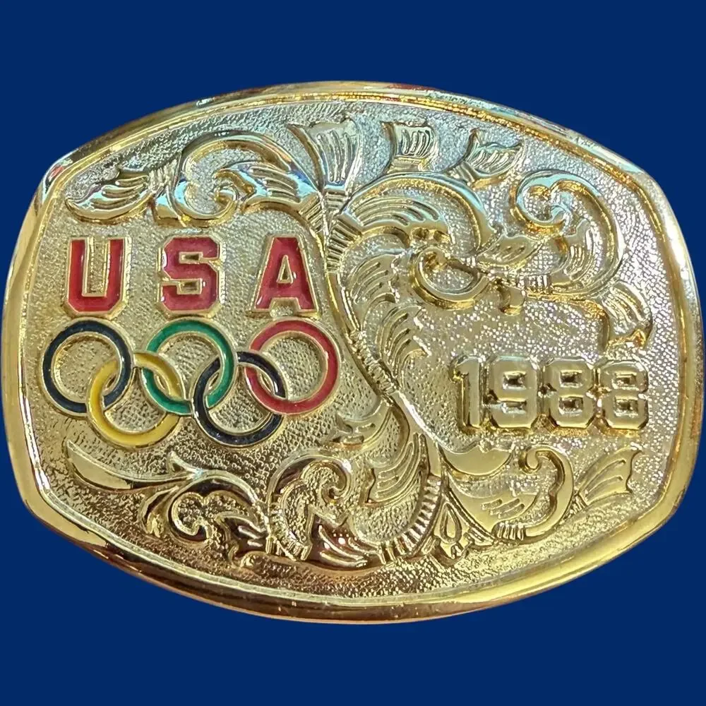 Vintage 1988 USA Olympic Belt Buckle Gold Tone Enamel Collectible